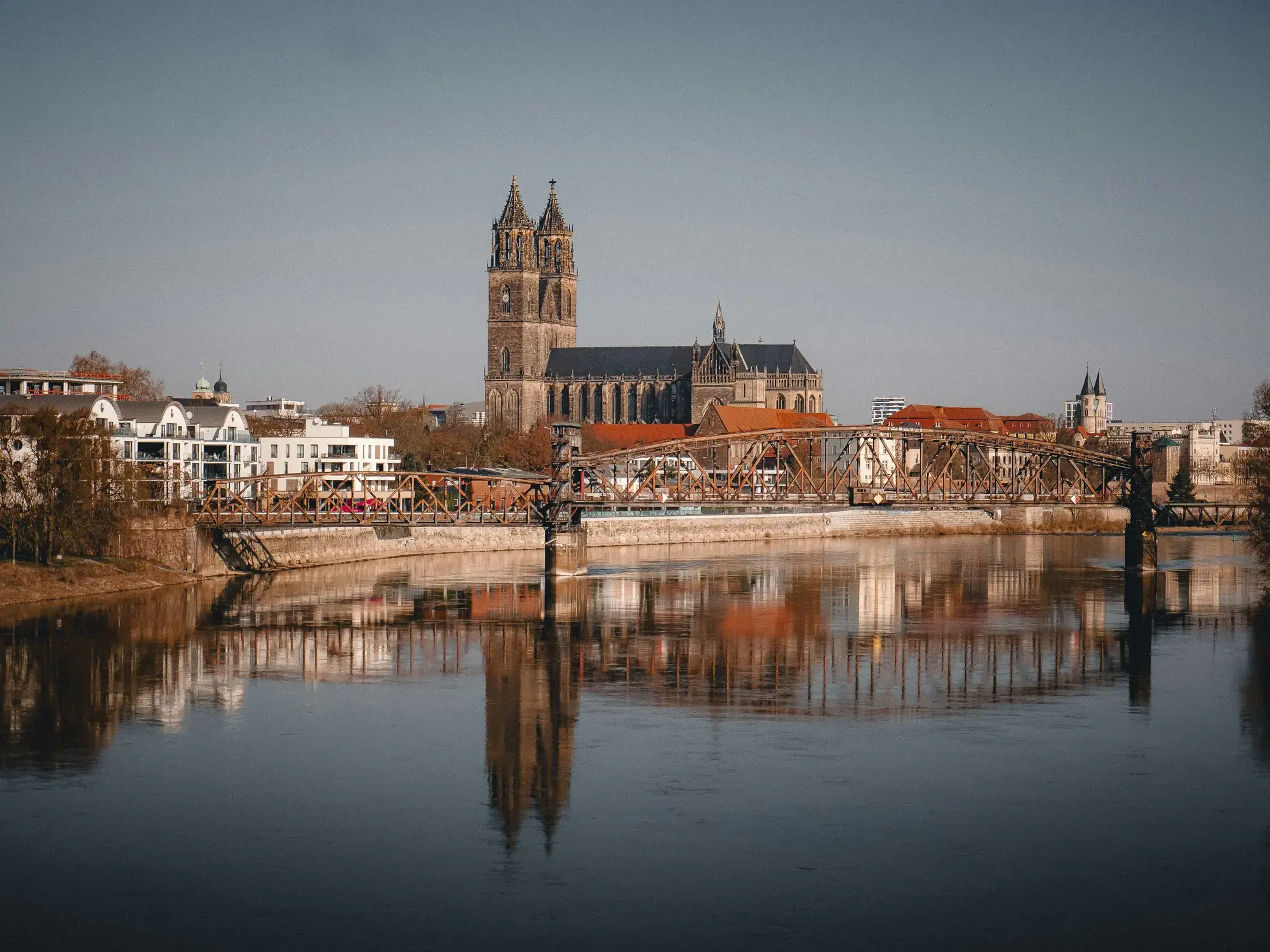 Kontakt GENO Group: Magdeburger Elbufer mit Stadtpanorama